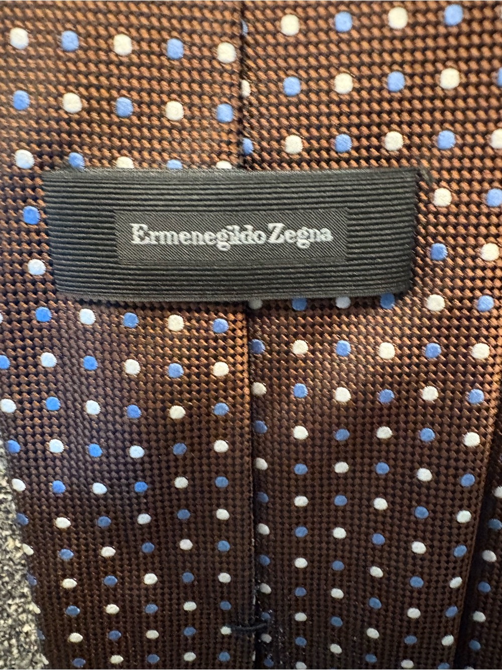 Ermenegildo Zegna Brown Tie with Blue and White Polka Dots